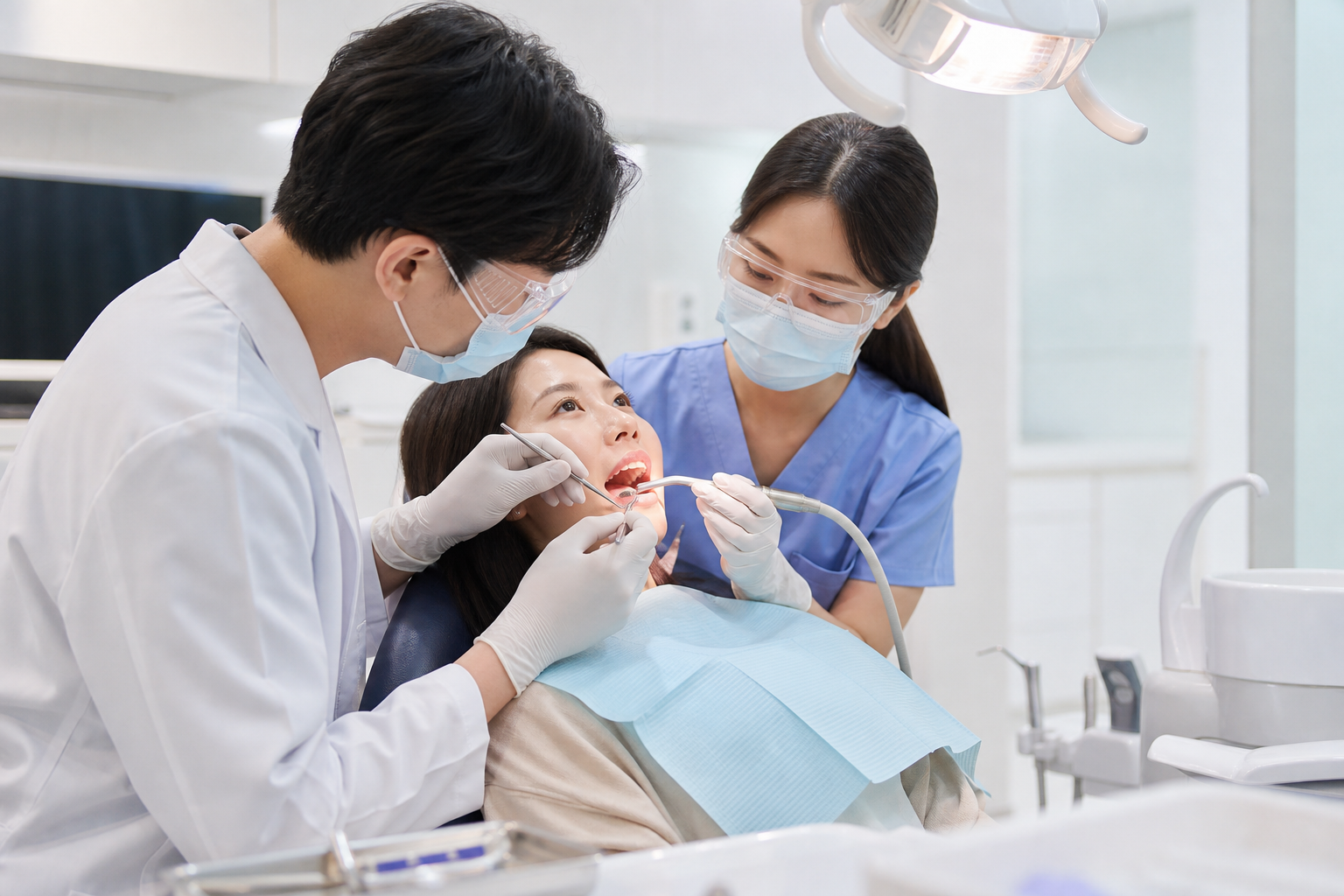 치과에서 어금니를 살펴보는 진료 장면, 재치료 신호 점검