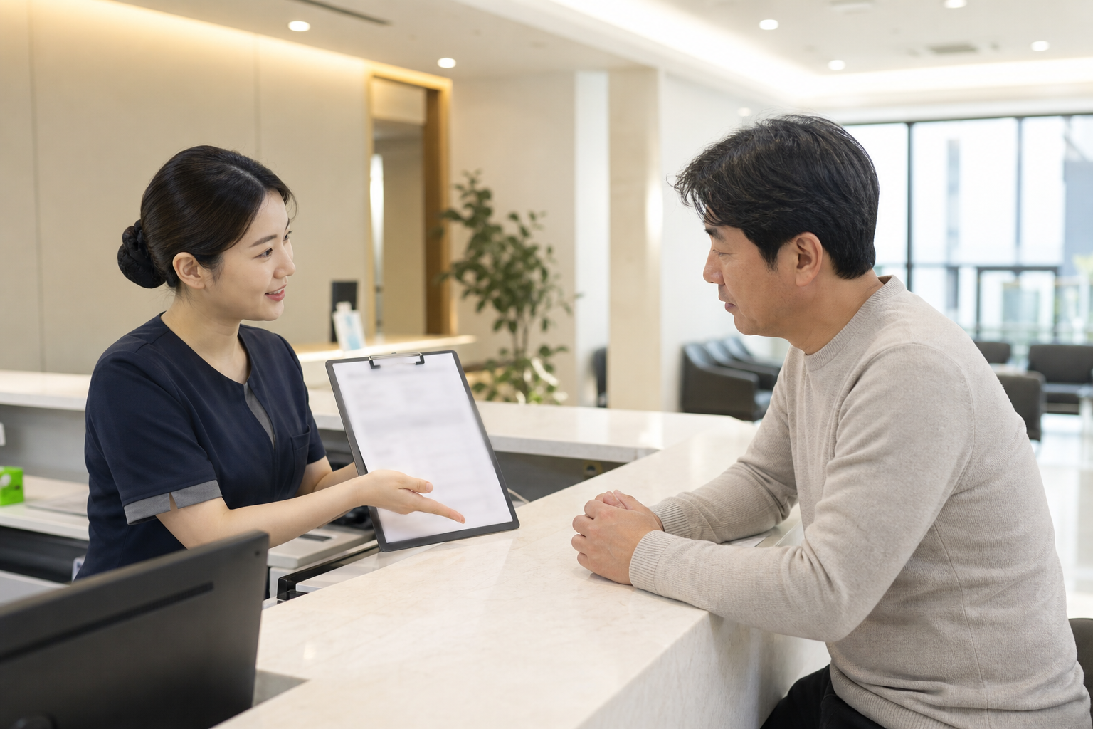 집에서 노트북으로 치과 비급여 진료비 자료를 확인하며 메모하는 모습
