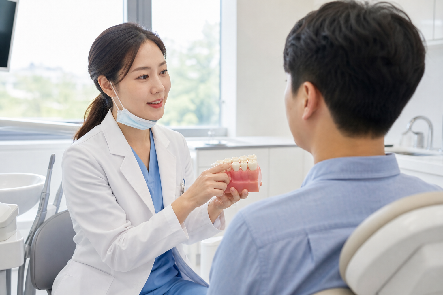 치과에서 어금니 상태를 확인하고 재치료 방법을 상담하는 장면